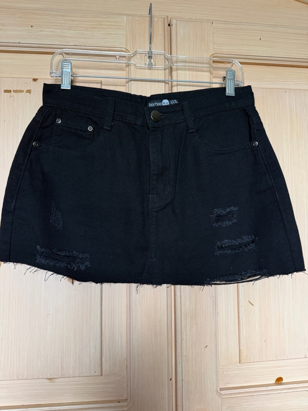 Boohoo Black Distressed Denim Mini Skirt